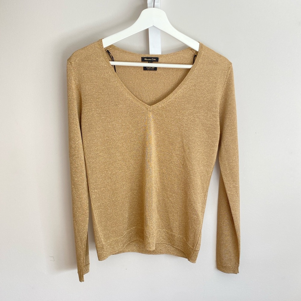 Massimo Dutti Gold-Beige V-Neck Long Sleeve Top